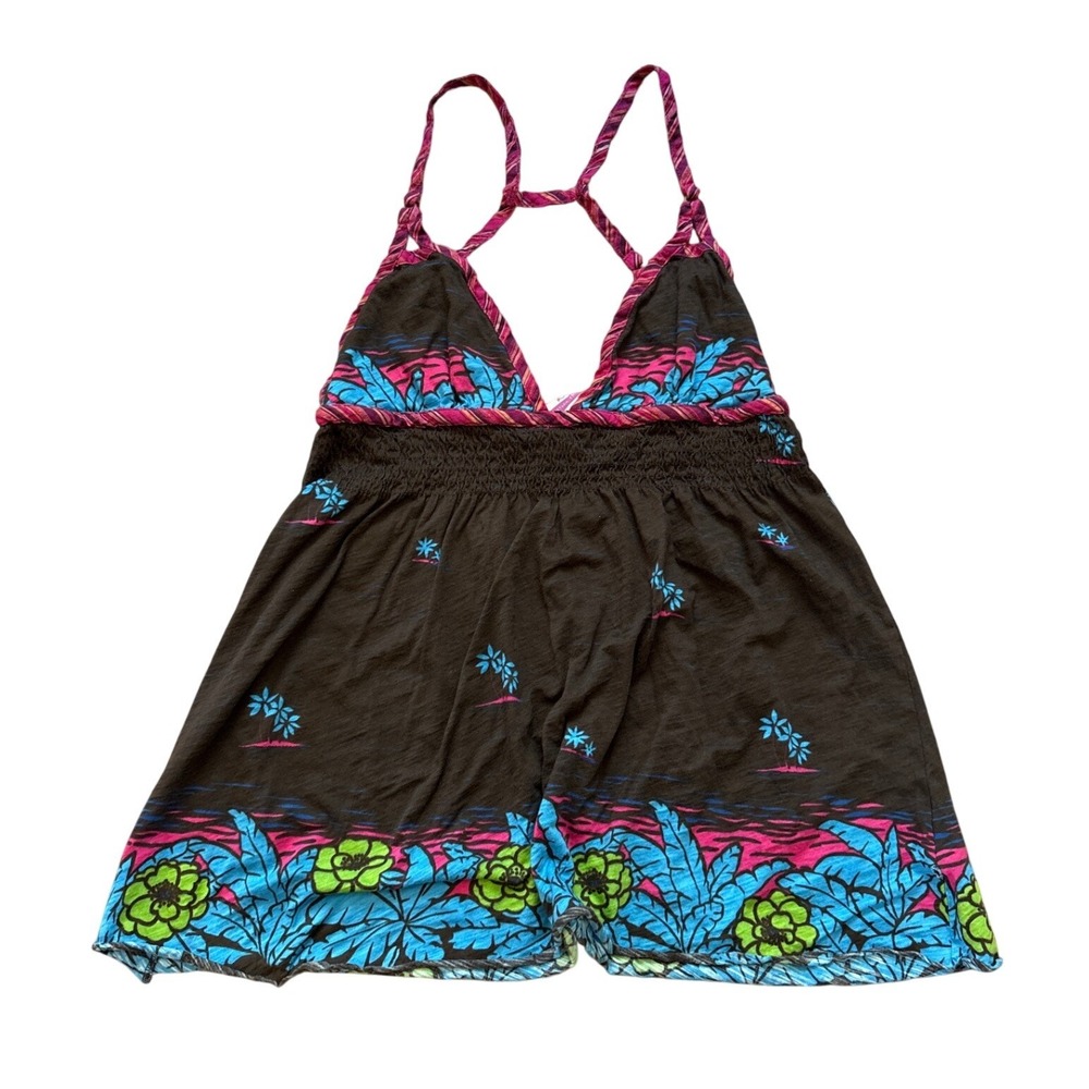 Free People Black Floral Halter Tank with Pink and Blue Trim